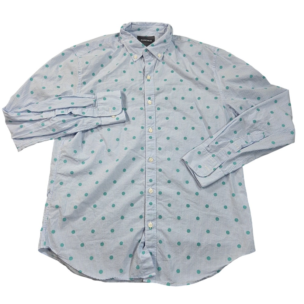 Bonobos Shirt Mens Medium Blue White Stripe Standard Fit Polka Dot Cotton
